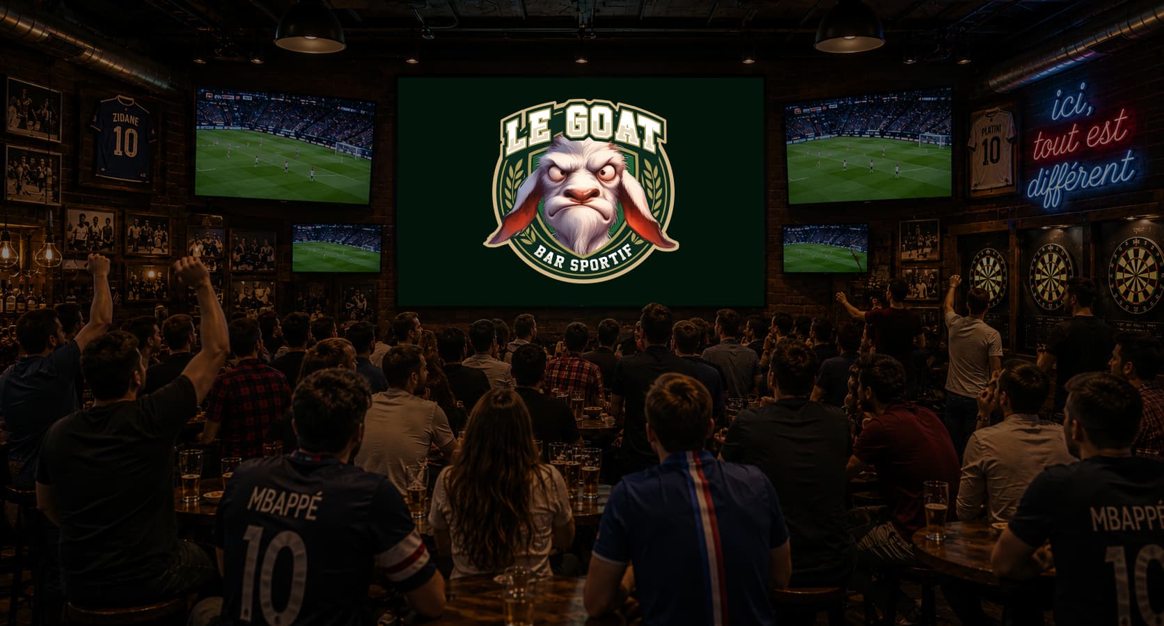 La salle du LE GOAT un soir de match : écran géant, supporters, cibles de fléchettes et néon